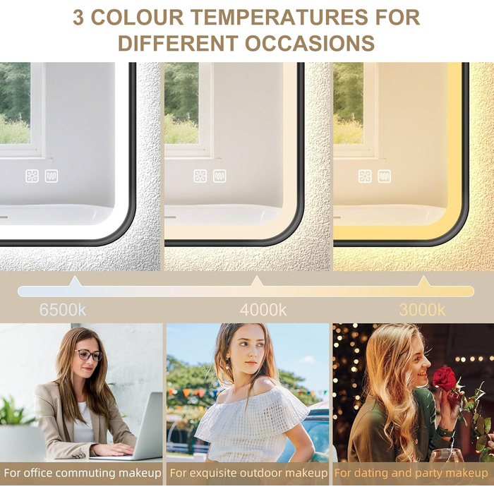 Дзеркало для ванної кімнати S'bagno з підсвічуванням 100x70 см, з алюмінієвою рамою, антизапарююче, 3000-6500K, функція пам'яті, IP44, горизонтальне/вертикальне, чорний колір, M99 (без Bluetooth)