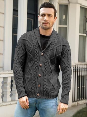 Чоловічий в'язаний жакет Comdecevis з коміром-шарфом, рельєфним в'язанням, ґудзиками, довгими рукавами, кишенями, темно-сірий (3XL)