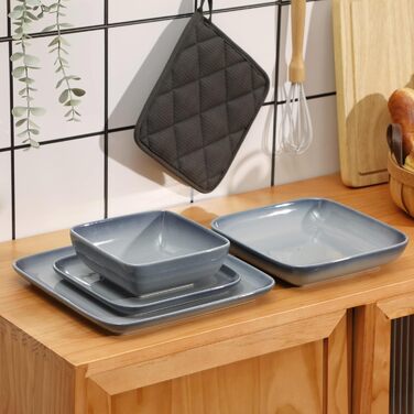 LOVECASA Сервіз набір Vibri, 16 частин, квадратний з каменю, сервіз для 4 осіб | Тарілки, чашки, десертні тарілки та миски, сірий, 16-частинний сервіз