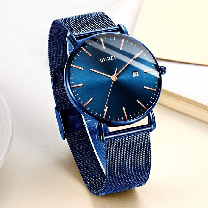 Годинник чоловічий BUREI Ultra тонкий аналоговий з датою, кварцовий механізм (Blue Sun Gold, нержавіюча сталь)