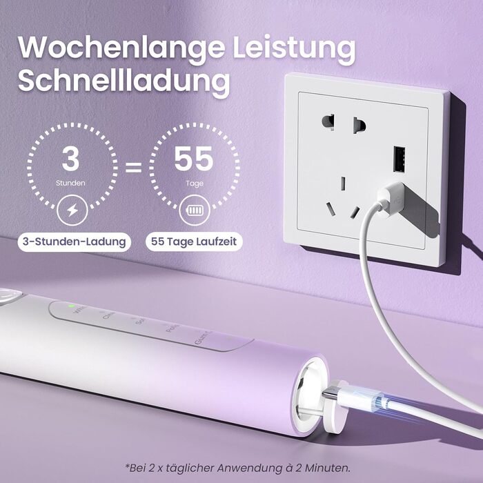 Електрична зубна щітка YUNCHI C2 з 40000 вібрацій на хвилину, звукова щітка для дорослих, зарядка USB-C, акумулятор на 55 днів, 5 режимів чищення, таймер 2 хвилини, 8 насадок, дорожній футляр, чорний (C2 фіолетовий та білий)