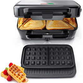 Sandwichmaker 1200W 3-в-1: сендвічниця, вафельниця, контактний гриль з регулюванням температури та антипригарним покриттям | LED-дисплей, нержавіюча сталь/чорний