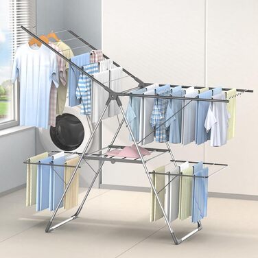 Складана сушарка для білизни Innotic, розкладна крилата сушарка-вежа (142.5x57.5x88 см), 33 прути, витримує до 35 кг, для балкона та дому, сіро-блакитна