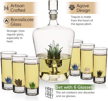 Agave Tequila Decanter Set with Glasses - 750ml Decanter & 6 Shot Glasses - Cinco de Mayo Party Decor - Perfect Gift for Tequila Lovers