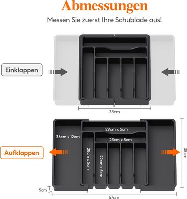 Lifewit Small Cutlery Organizers for Drawers, Expandable Cutlery Insert for Kitchen Drawers, Adjustable Cutlery Box Plastic Cutlery Spoon Fork Knife Holder, 2-Pack, Black