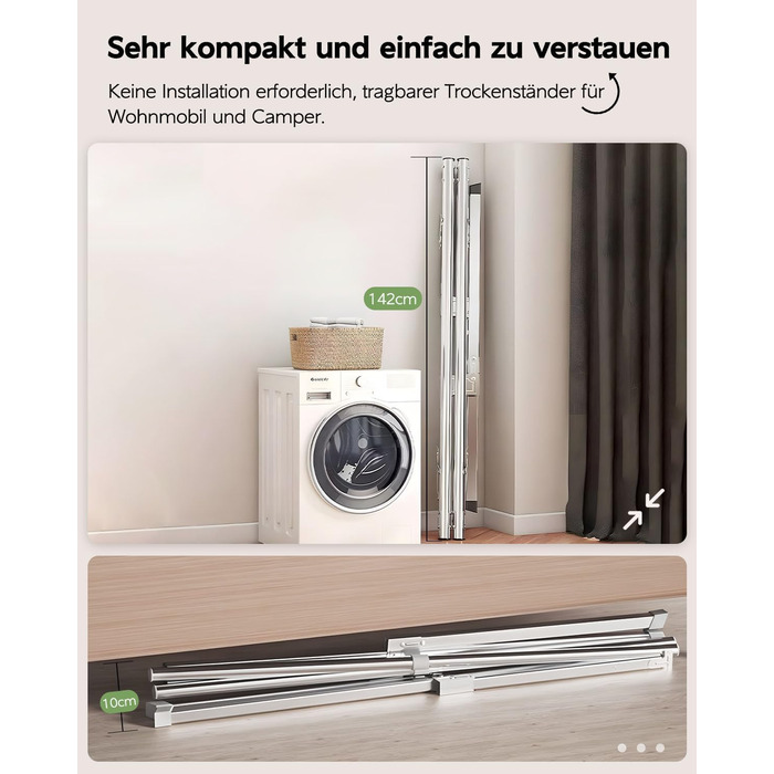 Стійка для сушіння білизни 200 см, складна, для дому та вулиці, нержавіюча сталь, 20 гачків, 12 кліпс, 3 перекладини