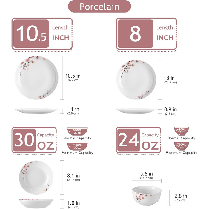 Набір посуду VEWEET 18-piece (24 шт.) для 6 осіб, сучасний сервіз з порцеляни, 6 тарілок для їжі, десерту та супу