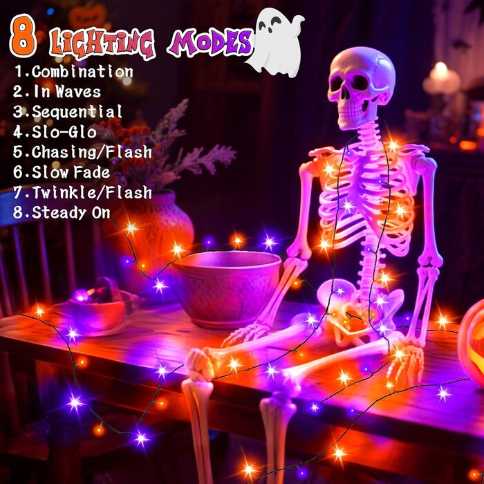 Льо́нги́ гірля́нда для прикраша́ння на Рі́здво, 200 LED, живлення від мережі, таймер, 8 режимів, вологостійка, для ялинки, саду, внутрішнього та зовнішнього використання, тепле біле світло (оранжево-фіолетовий), 20 метрів