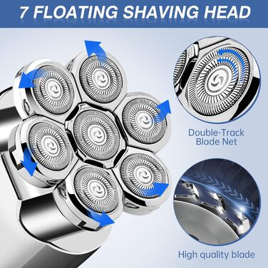 Електричний голкострум для голивної голови Glatzen Rasierer: 7D плаваюча головка, ротаційний голкострум 6-в-1, вологостійкий, для догляду за обличчям (сріблястий)