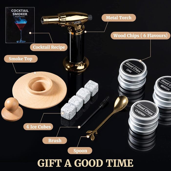 Набір для копчення віскі – Old Fashioned Cocktail Geschenkset: 6 дерев'яних чіпсів, 4 гранітні камені, запальничка та аксесуари для любителів віскі та коктейлів (без бутану), класичний набір