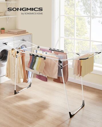 SONGMICS Сушарка для білизни на коліщатках, металева, біла, 52.5 x 173 x 96.5 см, з тримачем для шкарпеток, для одягу, рушників та білизни