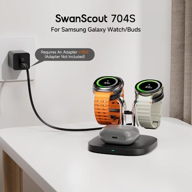 Зарядна станція SwanScout 704S Dual для Samsung Galaxy Watch 8/8 Classic/7/Ultra/6/6 Classic/5/4/3/Active 2 та Galaxy Buds 3/3 Pro/2 Pro/Buds+ (Чорна)