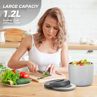 Електрична ланчбокс 80W для дорослих з термосумкою, нержавіюча сталь, виделка та ложка, 2 контейнери по 1.5л, 3-в-1, 12/24/110~230V, витокозахист, ланчбокс для авто, вантажівки, офісу (сірий, 1.2л, євро-штекер)