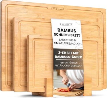 Набір дерев'яних обробних дощок 3 шт. (40x30см / 33x24см / 26x18см) з масиву акації, 2 см товщиною. Обробні дошки для кухні з жолобом для соку. Стильний набір дерев'яних дощок для нарізання, бамбукові дошки