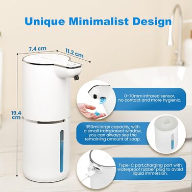 Автоматичний диспенсер для мила з датчиком, настінний, USB, 4 рівня, білий - для кухні, ванної, школи