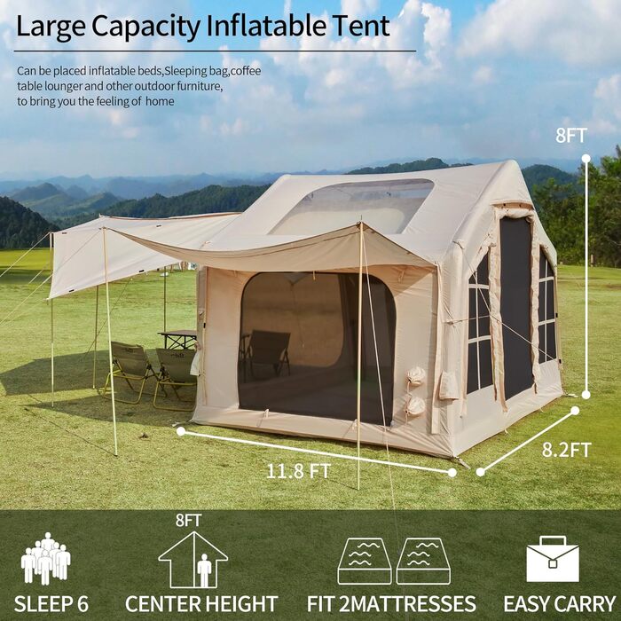 Надувний кемпінговий намет Glamping для 6-8 осіб, 2025, бежевий, з москітною сіткою та тентом 16.4*14.4 м