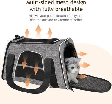 Транспортна сумка для котів HiCaptain, складана, з плечовим ременем, м'яко стьобана, переноска для собак та цуценят до 7 кг (Рожевий), 46 x 29 x 30 см (Сірий)