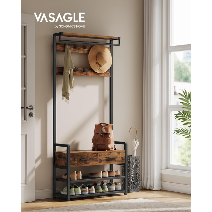 VASAGLE Coat Rack with Shoe Bench, Coat Rack, Shoe Storage, 2 Fabric Drawers, 10 Hooks, 6 Side Hooks, 30 x 80.4 x 181.6 cm, Vintage Brown-Ink Black HSR429B01