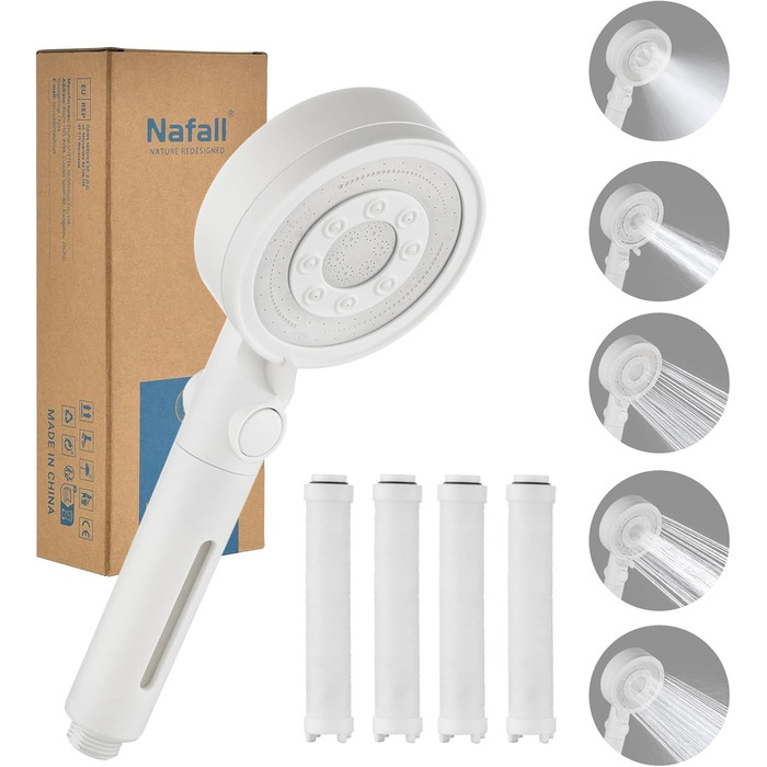 Nafall Shower Head with Filter - High-Pressure Handheld Shower Head with Water Saving Design and 1.5 M Hose, Shower Head with 5 Spray Patterns and Stop Function, Shower Head with Hose, Chrome (White)