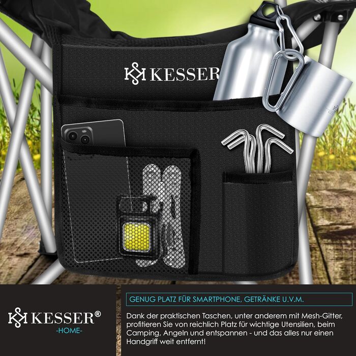 Крісло для кемпінгу KESSER® - складне, до 150 кг, з підлокітниками, високою спинкою, кишенею та тримачем для напоїв, хакі (чорний/чорний)
