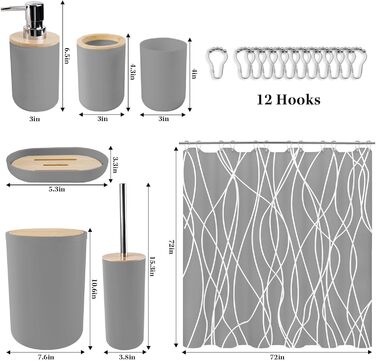 Набір аксесуарів для ванної кімнати Britimes, сірий: душова завіса, відро для сміття, дозатор мила, тримач для унітазної щітки, тримач для зубних щіток та стаканчик для зубних щіток