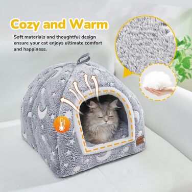 CATISM Cat Cave Cat Bed Glowing Cat House Cozy Cave Foldable Washable Comfortable Cat Sleeping Place for Cats Kittens Puppies with Removable Cat Head Pillow 40x40x38cm