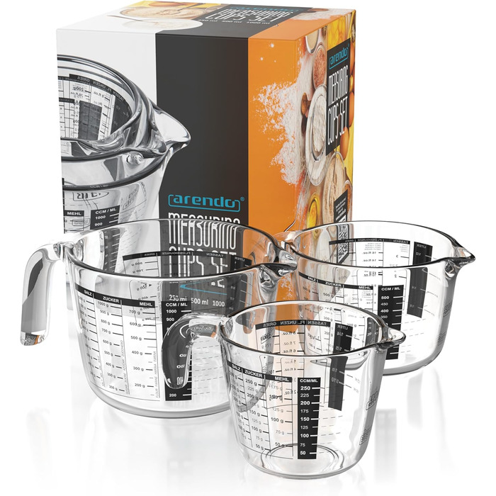 Arendo - Borosilicate Glass Measuring Cup Set - Sizes 1000ml, 500ml, 250ml (1l, 0.5l, 0.250l) – Glass Measuring Jug, Pitcher – Precise Scale – Heat Resistant – Microwave Safe – Kitchen Measuring Cup