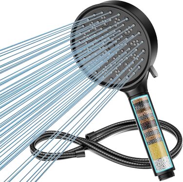 Фільтр для душу Cobbe з шлангом, душова лійка високого тиску з 6 режимами, економна душова лійка з шлангом, ручна лійка з фільтром від накипу для жорсткої води, хлору, чорного кольору