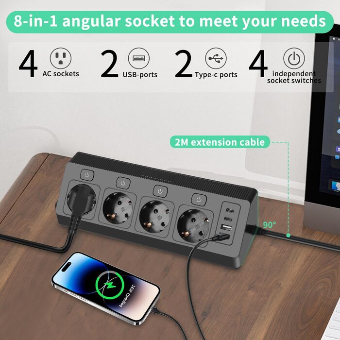 Багатофункціональна мережева розетка на кут 4-портова з USB та Type-C, захист від перенапруги, 2м кабель, для дому, білого/чорного кольору