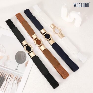 Жіночий еластичний пояс WERFORU (4 шт.) – чорний, коричневий, білий, синій – для талії 95-108 см, з золотою пряжкою