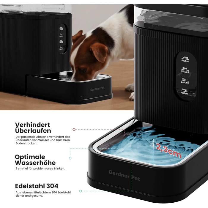 Автоматичний диспенсер води для собак та котів Gardner Pet 6.5L, годівниця, не потребує електрики, з нержавіючою чашею, BPA-free, чорний