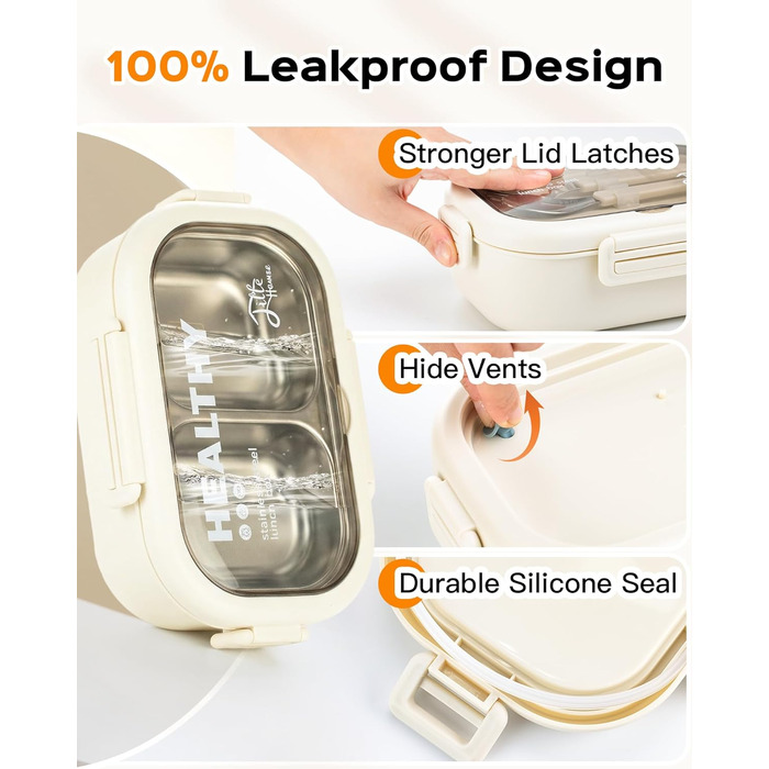 Ланчбокс Lille Home з нержавіючої сталі з 2 відділеннями, 850 мл, витокозахисний, з сумкою та столовим прибором, BPA-free (Бежевий)