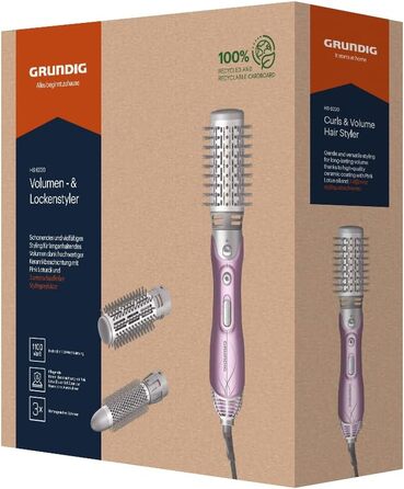 Фен-щітка GRUNDIG HS 6220 Volumen & Locken, 1100W, 3 насадки, керамічне покриття з олією лотоса, захист від перегріву, для всіх типів волосся, Рожевий/Срібний, 2023 модель