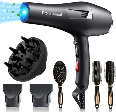 Іонний фен LOEVERY з потужним AC мотором 2400W, дифузором та 3 насадками, для професійного та домашнього використання, чорний