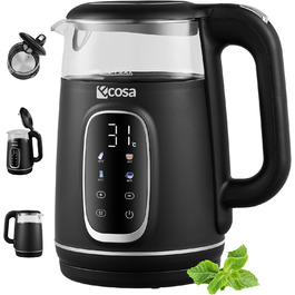 Електрочайник Ecosa® зі скляною колбою та регулюванням температури, 1,7 л, 2200 Вт, не містить BPA, з підігрівом та LED-підсвічуванням (Black Pearl)