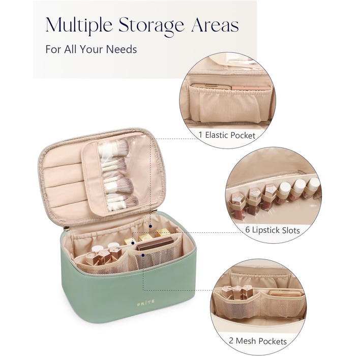 Велика косметичка для жінок, дорожня косметичка з водонепроникної шкіри, портативний косметичний мішечок або сумочка для макіяжу з ручкою та знімним роздільником (зелена)