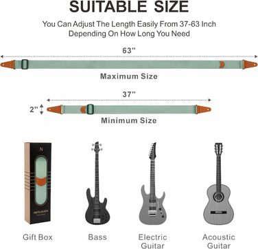 Гітарний ремінь з кишенею для медіатора, вінтажний, з кінцями з повном'якої шкіри. Підходить для бас-гітари, електро- та акустичної гітари. З безкоштовним кріпленням для ременя, 1 паром затискачів та 4 медіаторами. Колір: світло-зелений