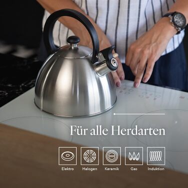 Чайник FLORINA Brillo з нержавіючої сталі (2,5 л) | Чайник-свисток для плити (індукційна, газова, електрична) | Сріблястий | Зручна ручка з бакеліту