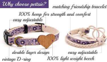 Нашийник для собак Pettsie з серцем та браслетом дружби, регульовані розміри S та M, комфортний дизайнерський льон, міцний та довговічний, чудовий подарунок для любителів собак, фіолетовий 35,6 - 50,8 см (M) Фіолетовий