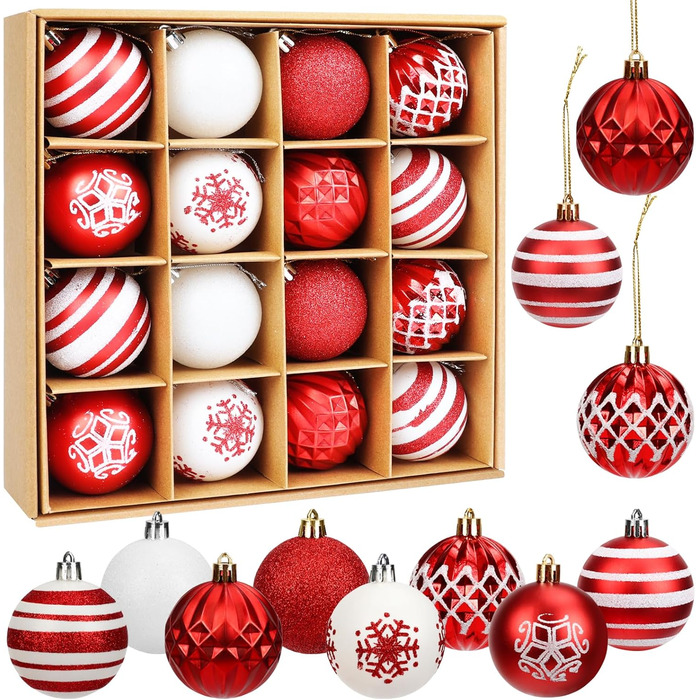 16 штучок новорічних кулі пластикові, 6 см, прикраси для ялинки, декор на Різдво, для дому, святкування, вечірки (червоний та білий)