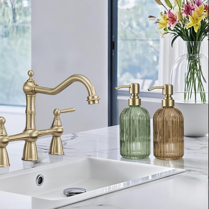 Дозатор для мила з бурштинового скла, 473 мл, з бурштиновими смугами, з помпа золотого кольору, для ванної кімнати та кухні