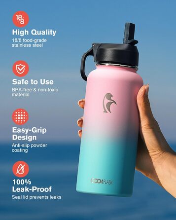 Термопляшка Coolflask 2л з соломинкою та 3 кришками, нержавіюча сталь, для спорту та офісу, герметична (Bubble Gum, 946 мл)