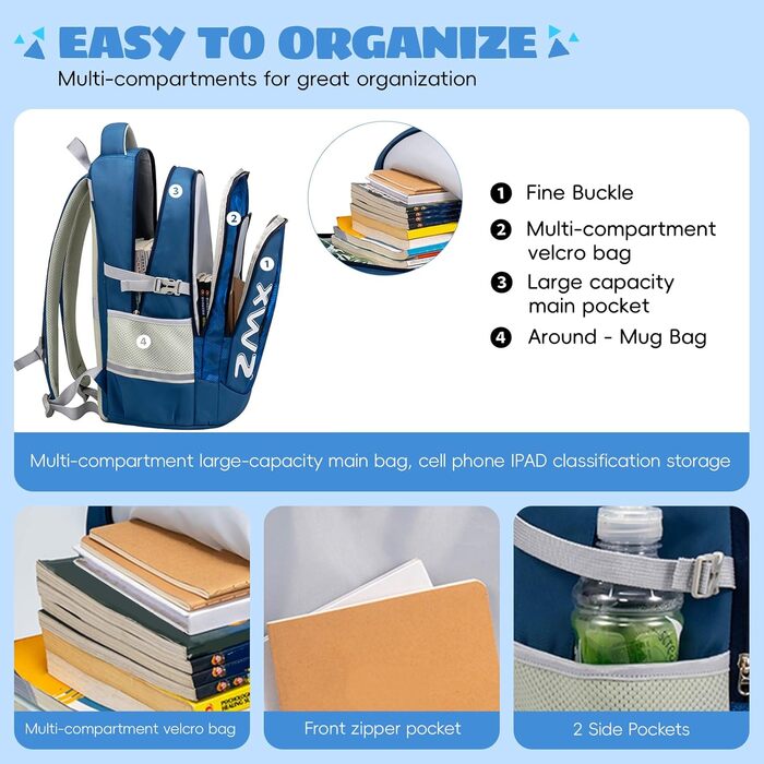 Шкільний рюкзак для підлітків 46L, рюкзак для школи, гімназії, старшої школи з нагрудною стрічкою, світловідбиваючими елементами, відділенням для 17.3' ноутбука, міцний, повсякденний (Блакитний)