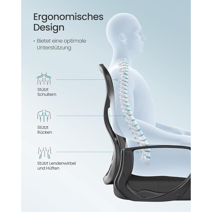 Офісне крісло SONGMICS OBN041B01, ергономічне, сітчасте, з регульованою підпоркою для спини та підголівником, для дому та офісу (Чорний)