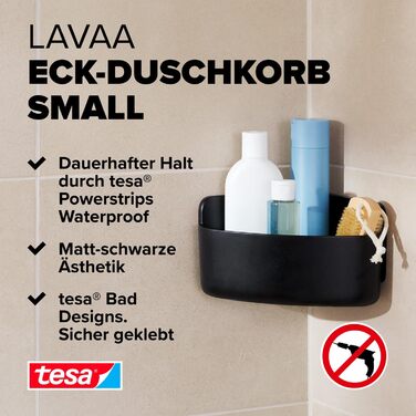 Полиця для душу tesa Lavaa S, кутова, чорна матова, настінна, без свердління, з водостійкими кріпленнями Powerstrips XL, 175x120x175 мм