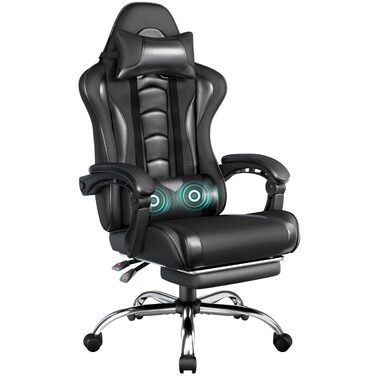 Ігрове крісло Yaheetech Ergonomic Gaming Chair з функцією масажу, підставкою для ніг та регулюванням спинки 90-135°, офісне крісло для геймерів та дому, чорне