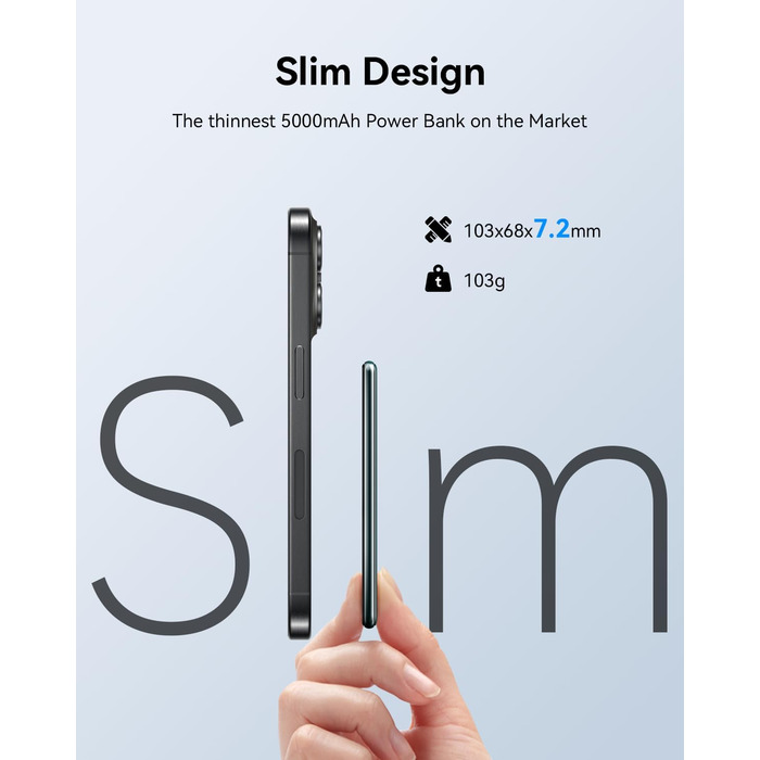 Power Bank Kuulaa Ultra Slim Magsafe, 5000mAh, Бездротова зарядка, Type-C, 20W, для iPhone 15/14/13/12, Space Gray