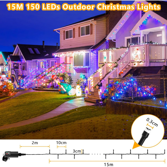 LED гірлянда на батарейках/USB, 10/15 м, 100/150 LED, тепле біле світло, з таймером, вологостійка, для декору на Різдво, весілля, вечірки, балкона, саду