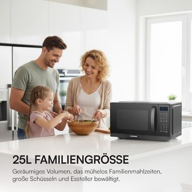 Мікрохвильова піч HMW-MD25DMRBK, 25 л, 800 Вт, чорний колір, 5 рівнів потужності, таймер, функція розморожування, поворотний піднос 28,5 см, 3 роки гарантії