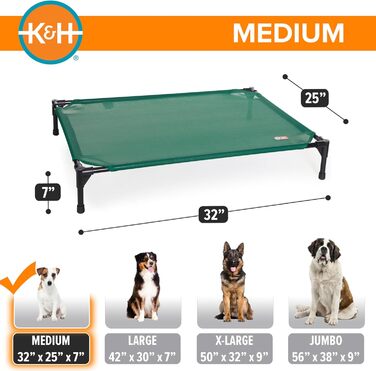 K&H Pet Products Elevated Outdoor Dog Bed, Breathable, Cooling, Elevated Cot Bed, Hammock for Large Dogs, Washable Mesh Cover, Elevated Metal Frame, Collapsible, (Green Mesh Fabric for All Seasons)